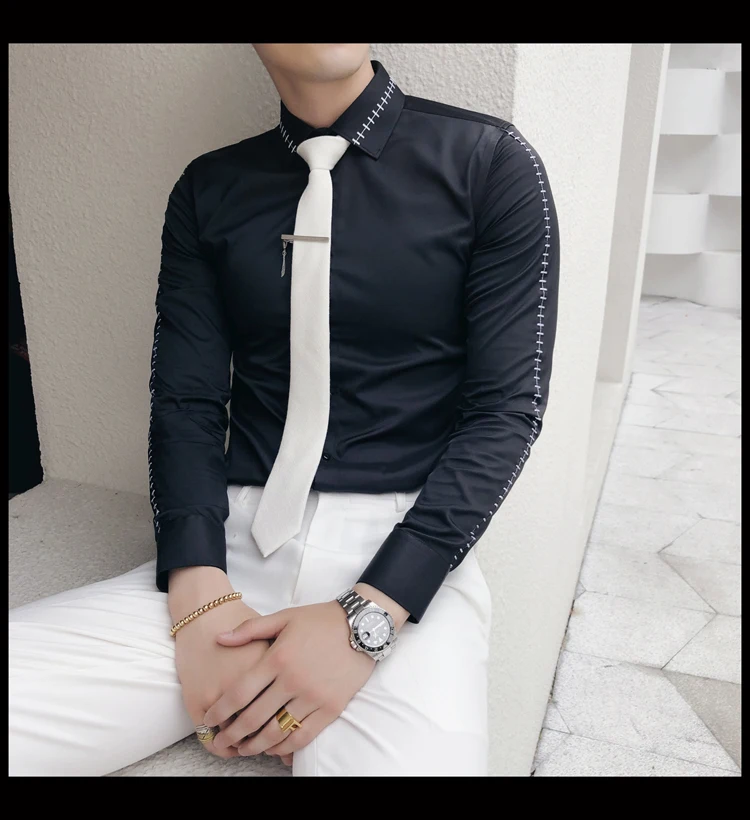 Мужская Тонкая Рубашка с длинными рукавами, однотонная мужская одежда, рубашка высокого качества, нижнее белье с галстуком