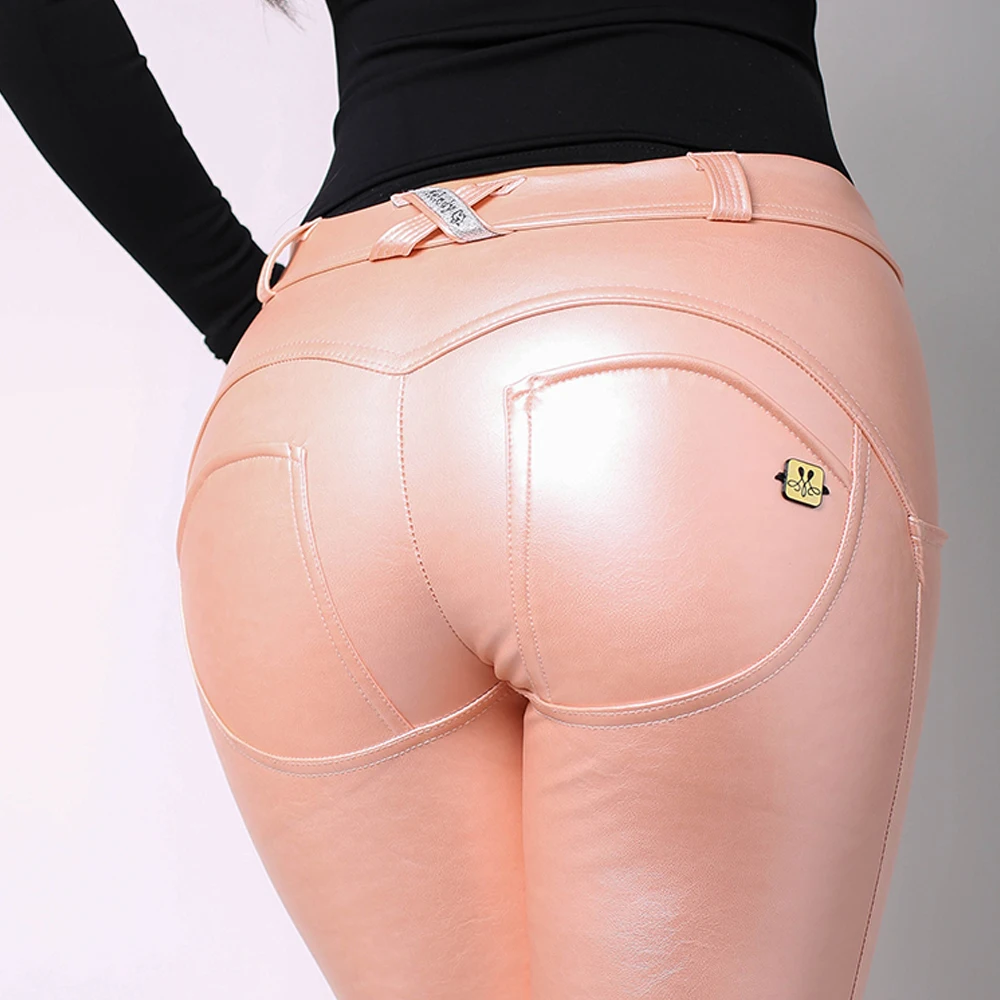 Pants Melody-Wear Faux-Leather Metallic Women for Pink Soft