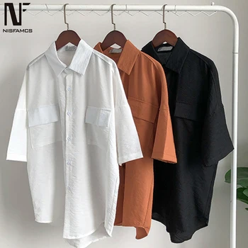

Harajuku Style Men Shirts Young Man Casual Blusa Fashion Double Pockets Male Tops Solid Color Men Short Shirts Summer 2020 New