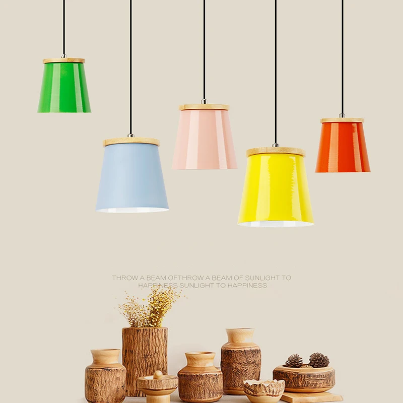 

Nordic Modern Simple Design Hanging Lights Wood Metal Colorful Macarons Pendant Lights E27 Led Pendant Lamp for Dinning Room
