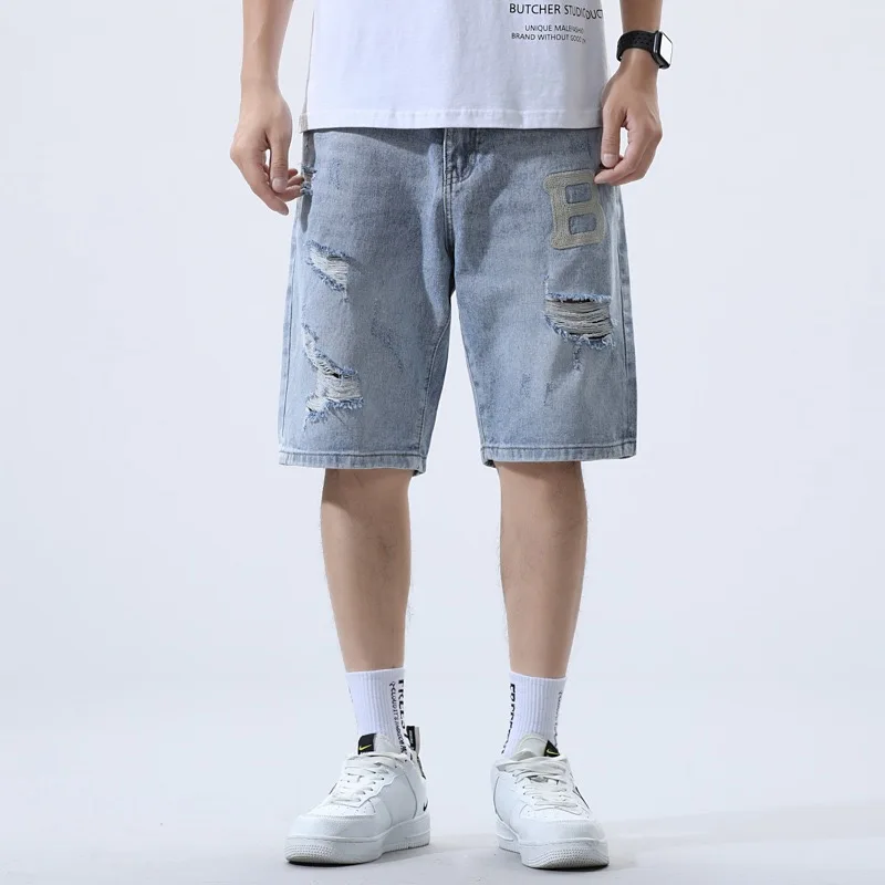 

Light Blue Pantalon Hombre Denim Shorts Knee Length Short Straight Pants Men Ripped Jeans Homme Summer Casual Shorts Men