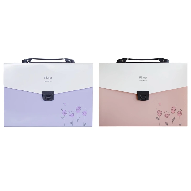 2 Pcs Accordion Expanding File Folder 13-Pockets A4 Size Handle and Tabs Buckle Closure - (Purple) &amp (Pink) | Канцтовары для