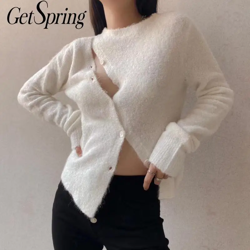GetSpring женский свитер косый однобортный вязаный кардиган необычные женские Топы с