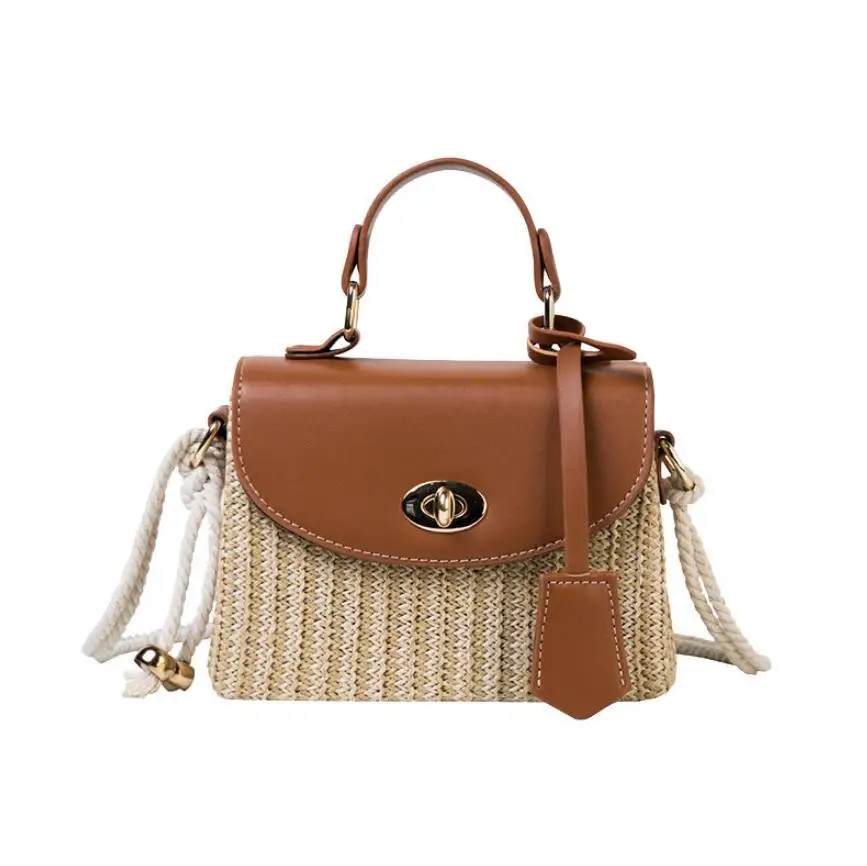 

Small Straw Bucket Bags with leather For Women 2020 Summer Crossbody Bags Lady Travel Purses and Handbags Female Messenger Bag