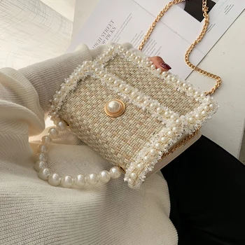 

Hot Ins Harajuku Small Solid Pearl Portable Square Bag Female New Korean Fashion Chain Chic Shoulder Casual Female Messenger Bag
