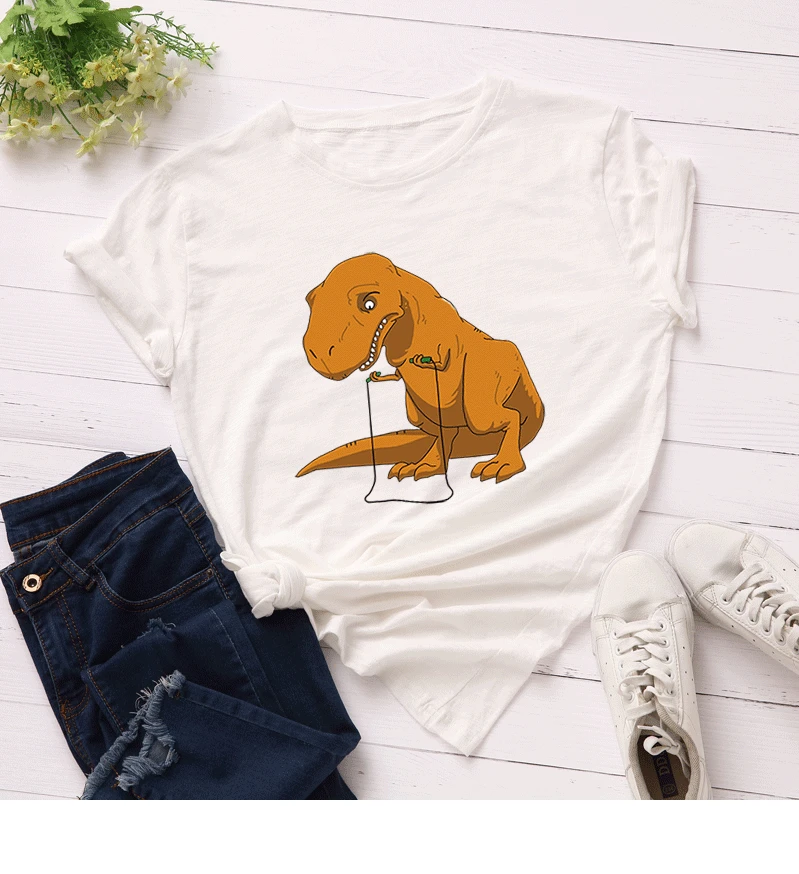 100% Cotton Plus Size S-5XL Women T-shirts Graphic Tees Female Shirts Summer Tops Dinosaur Printed Funny T Shirt Tee Clothes