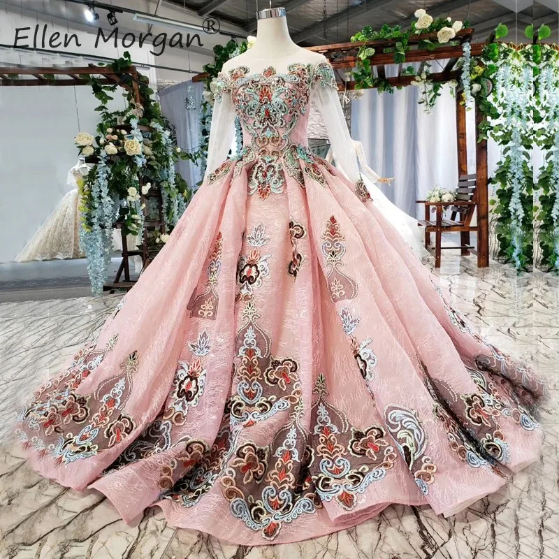 Saudi Arabian Colorful Long Sleeves Lace Evening Dresses Elegant 2019 Boat Neck Applique Beads Court Train Forma Ball Gown | Свадьбы и
