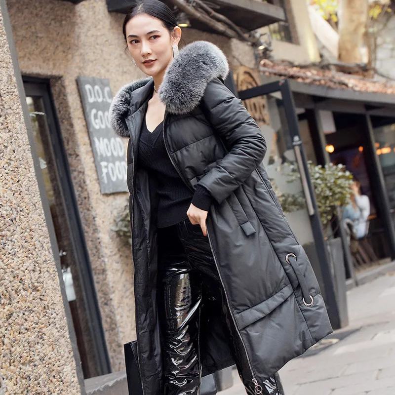 

Winter Sheepskin Leather Jacket Women Real Fox Fur Collar Hooded Duck Down Coat Leather Jacket Women Chaqueta Mujer F8528 YY489