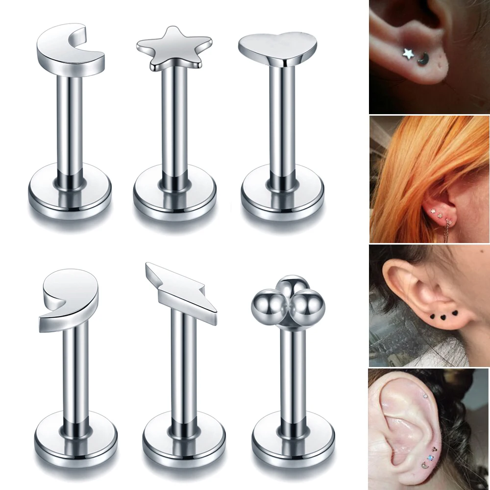 1pc Steel Heart Moon Ear Tragus Cartilage Piercing Mix Shape Labrets