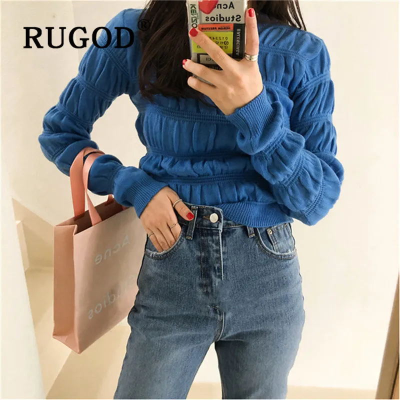 RUGOD плиссированный свитер, пуловер, джемпер, Зимние Топы для женщин, трикотаж, корейский стиль, женские свитера,, элегантный топ