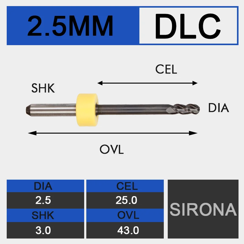 d2.5-25-D3-43-DLC UCHEER Sirona MCX5 фрезерный БУР с DLC покрытием CAD CAM около 150 единиц циркония PMMA воск зубные зубы - Длина режущей кромки: d2.5-25-D3-43-DLC