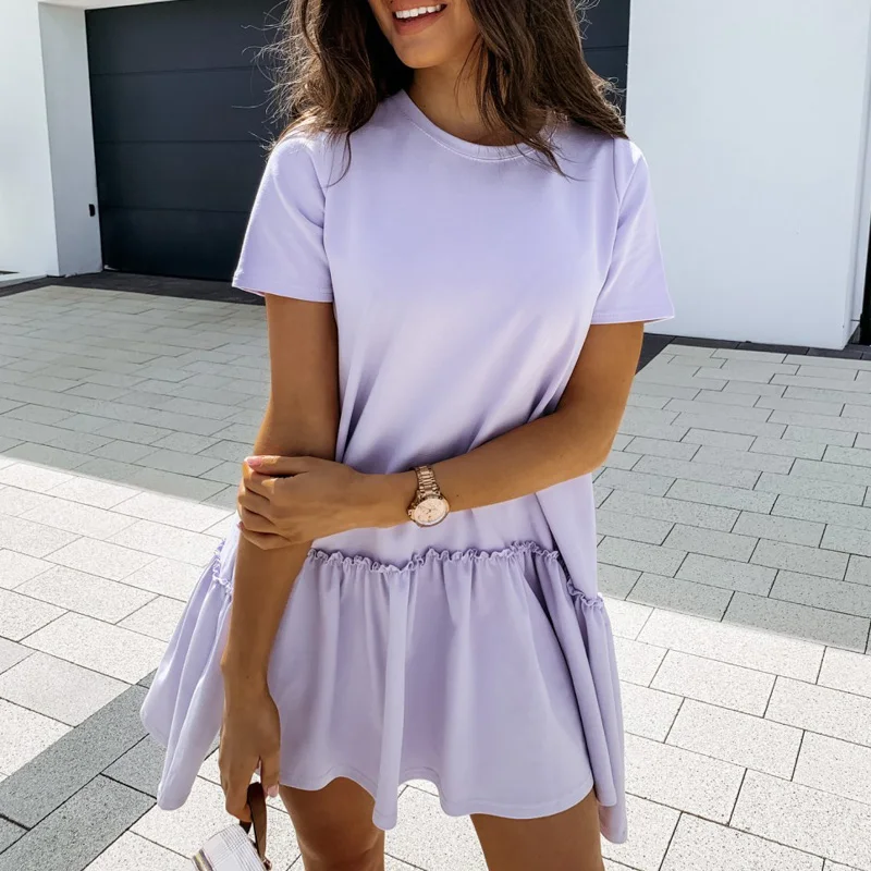 Simplee Casual crew neck ruffle women dress Short-sleeved solid color loose short dress Summer style A-line ladies mini dress