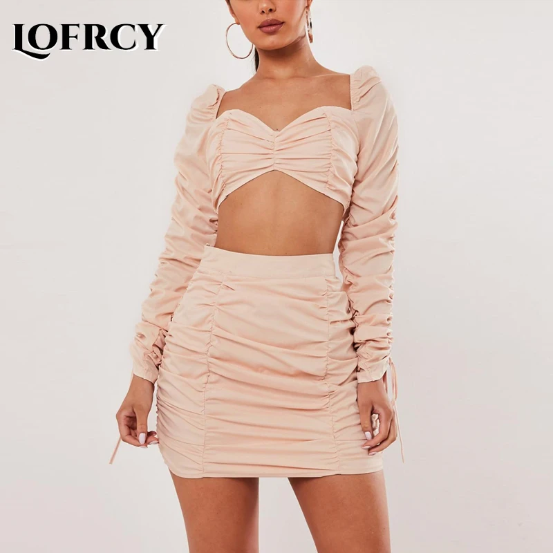 

Double Layers Two Piece Set Square Neck Crop Top Dress Set Autumn Sexy Party Club 2 Piece Outfits Women Mini Dress Matching Sets