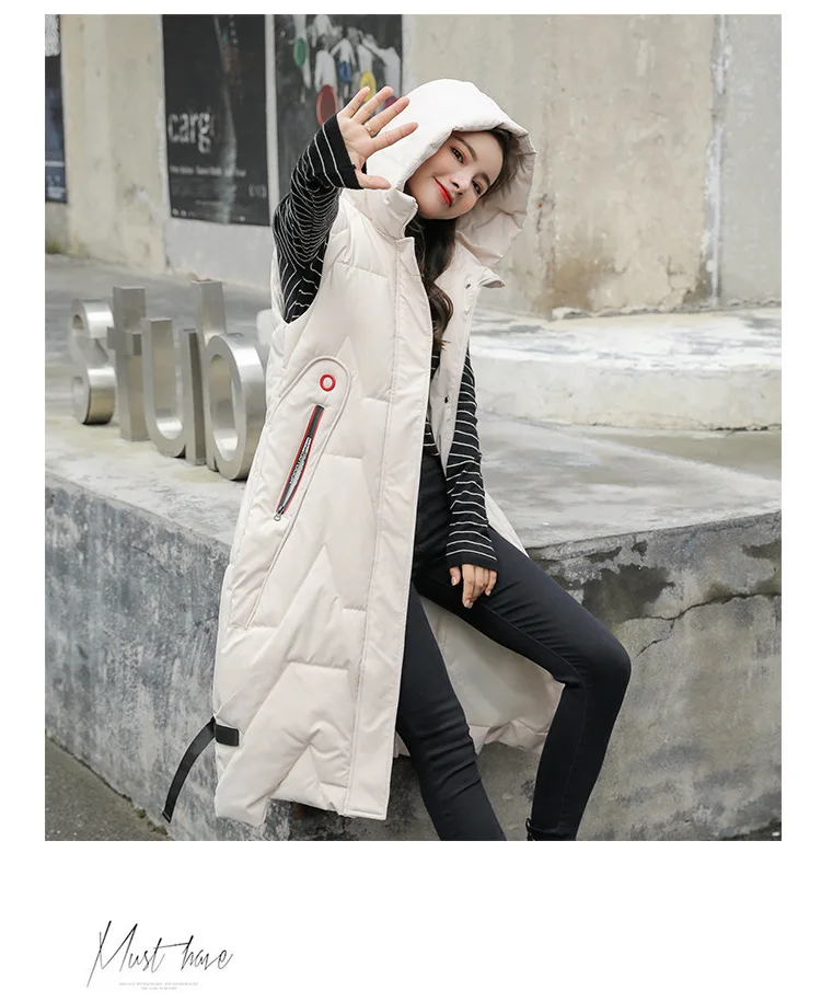 Осень Зима Мода Большой размер теплый мягкий элегантный с капюшоном женский корейский стиль длинный женский хлопковый жилет