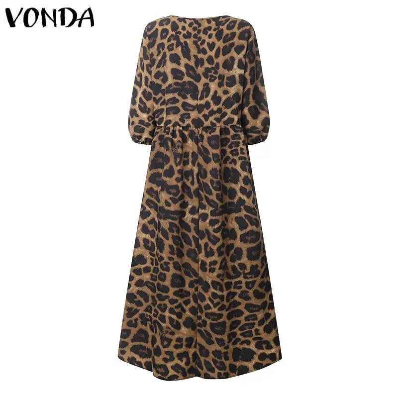VONDA, женское платье, повседневное, халат, сексуальный, v-образный вырез, Леопардовый принт, макси, длинное платье, женское, с высоким разрезом, для вечеринки, Vestidos размера плюс