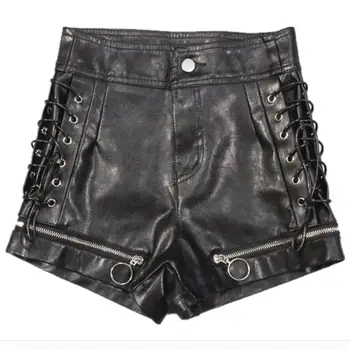 

spring autunmn Black PU leather shorts women high waist lace-up wide leg leather shorts