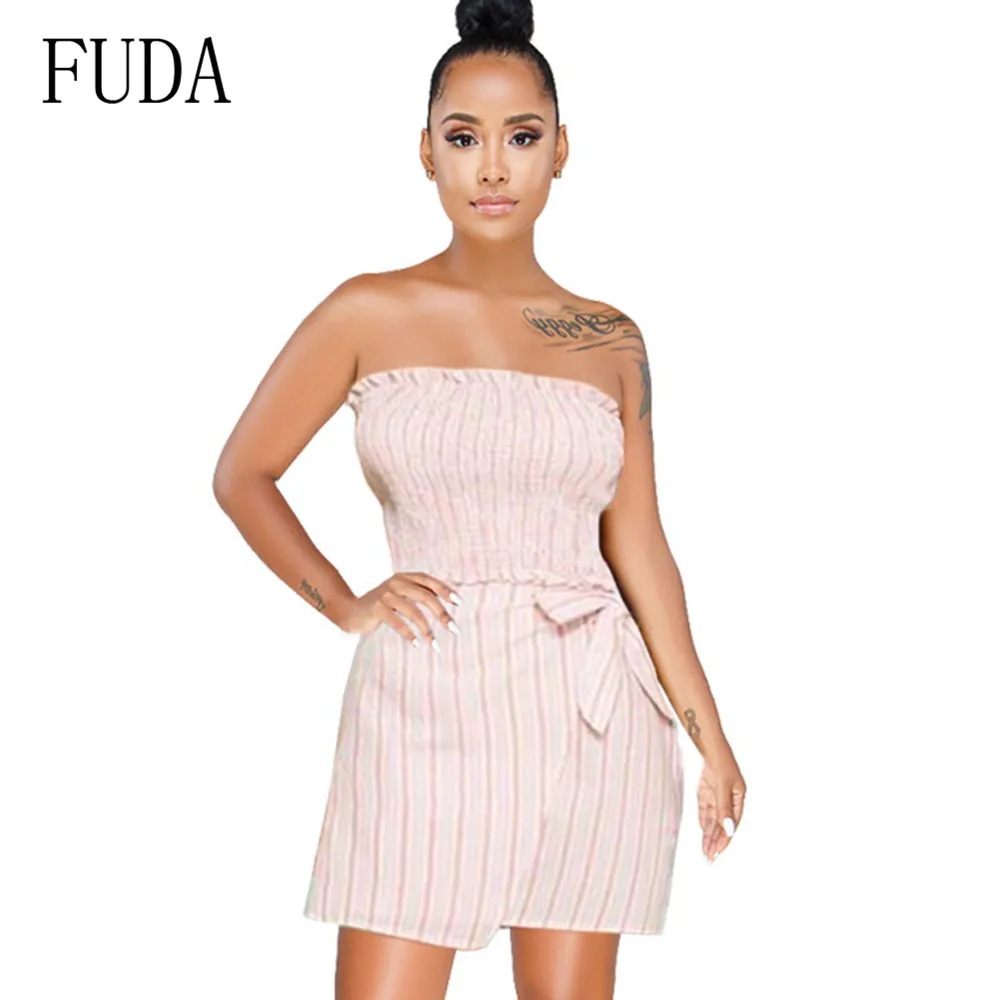 

FUDA Sexy Off Shoulder Striped Stretch Wrapped Chest Bow Tie-up Dress Elegant Summer Hollow Out Casual Night Party Female Dress