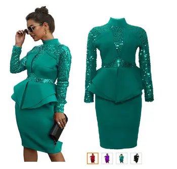 

Fashion high quality spring autumn women's green suit one piece dress turtleneck sequines A065 sequined office lady pencil dress