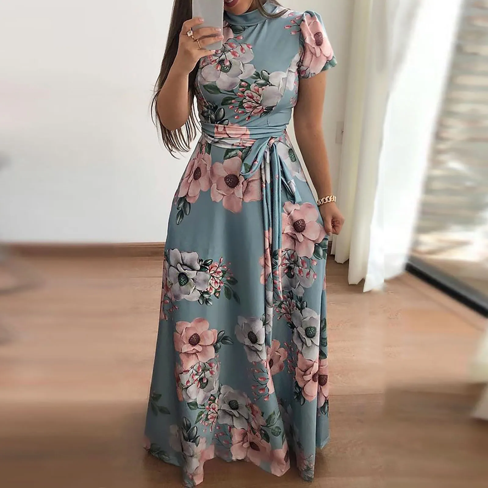 Women Short Sleeve Floral Casual Dress Ladies Evening Party Maxi Dress Bohemia Flower Print Ladies Long Dress Vintage Vestidos 2