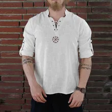 

Medieval Viking Pirate Linen Tee Top Shirt Men’s Renaissance Henry Collar Nordic T-Shirt Cosplay Tee Lace-Up Breathable T-Shirt