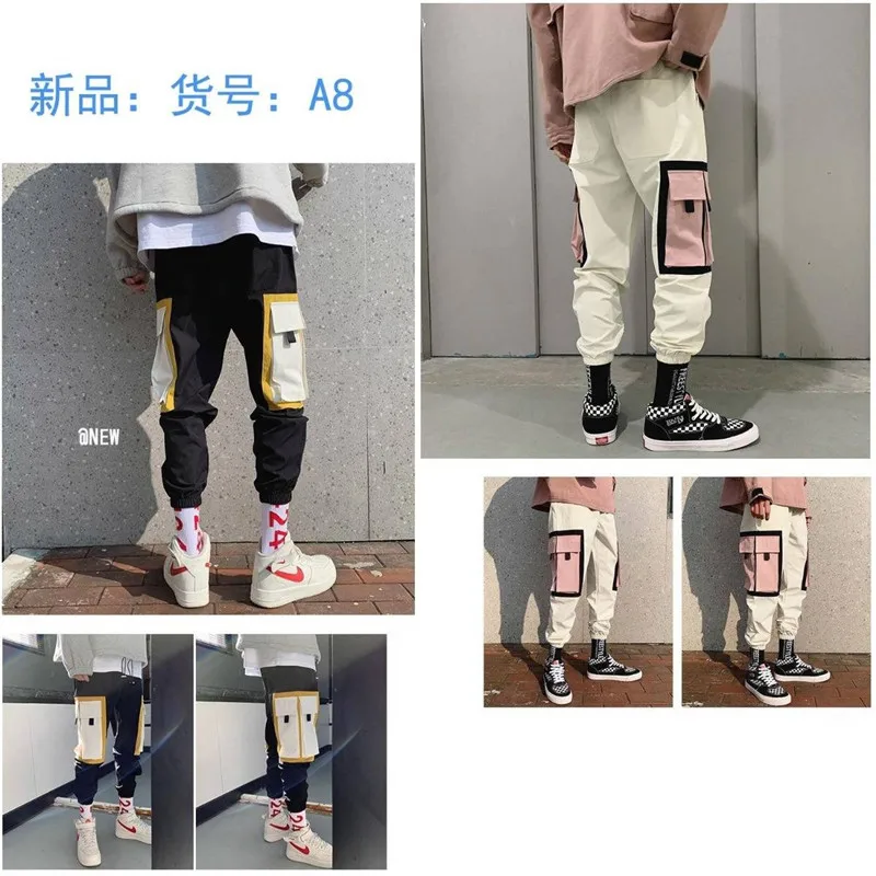Cargo Pants Men Polyester Comfortable Drawstring Joggers Trousers Black White Many Pockets Ankle Banded Male Casual Pants Boys