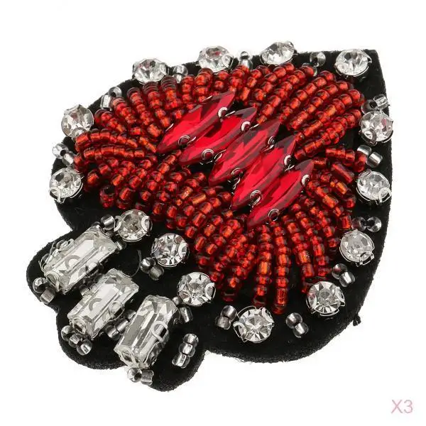 3Pcs Heart Design Applique Beaded Crystal Motifs Diamond Rhinestones Patches Sewing Apparel Accessories