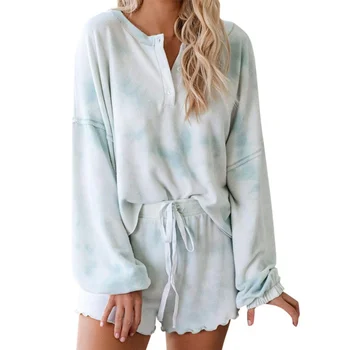 

2Pcs Pajamas For Women Long Sleeve Sleepwear Casual O-neck Homewear Drewstring Shorts Female Pyjamas Lingerie Plus Size