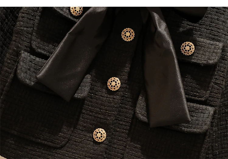 Большой размер, маленький аромат, подиум, женский шерстяной костюм, черный, комплект из 2 предметов, винтажный, с бантом, с кисточками, твидовая куртка, пальто+ юбка, комплект из двух предметов