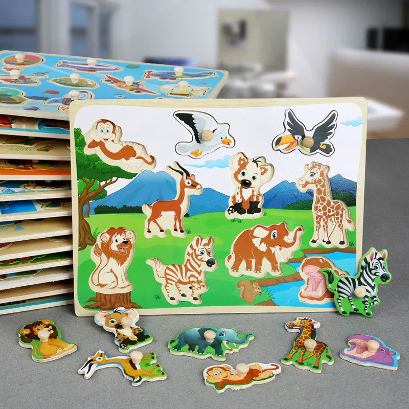

30cm Wooden Jigsaw Puzzle Hand Grab For Kid Child Early Educational Toys Cartoon Animals Digit 3D Puzzle Learning Education Toys