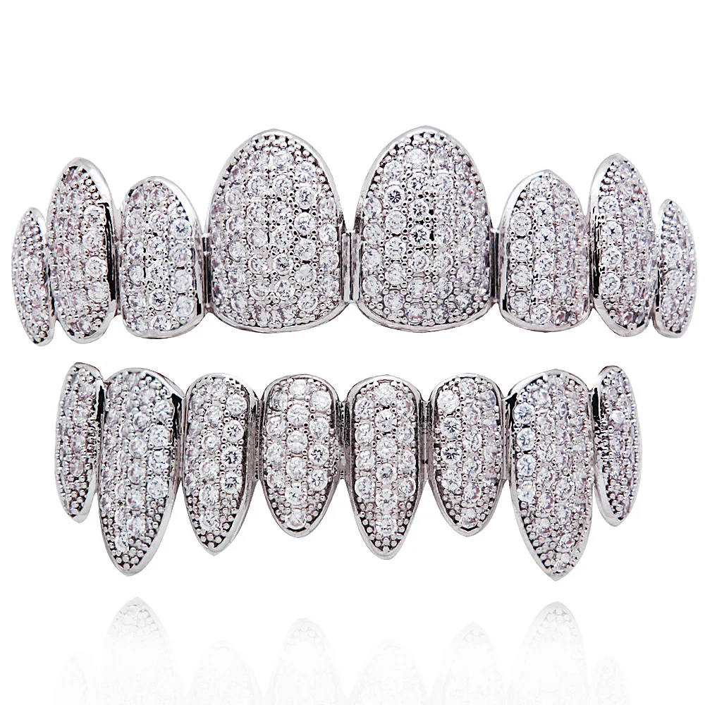 LuReen Iced Out Grillz Vampire Fangs Grillz Top Bottom Gold Teeth Hip Hop Tooth Caps CZ Crystal Bling Grillz Rapper Jewelry