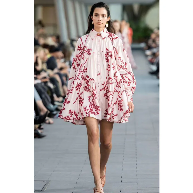 2019 new runway Holiday runway Lapel neck Hollow out Panelled Print Floral dress