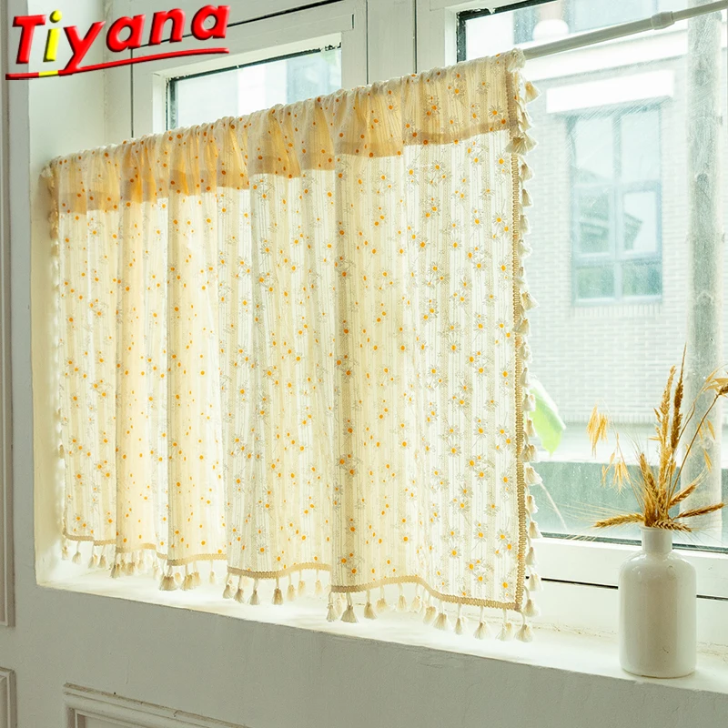 Yellow Daisy Short Curtain For Small Window Flowers Half Curtain Tulle