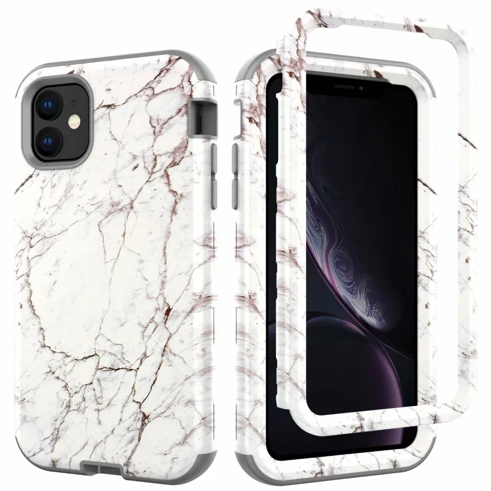 360 Full Hybrid Armor Phone Case For iPhone 11 Pro MAX 12 13 Coque Flower Pattern Cover Marble PC Silicon Bumper Shockproof Case iphone 11 Pro Max  lifeproof case