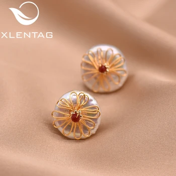 

XlentAg Natural Fresh Water Baroque Round Flat Pearl Handmade Stud Earrings For Women Bride Party Jewelry Bijoux Femme GE0726