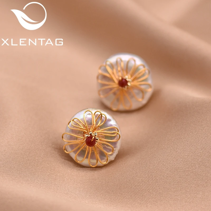 XlentAg натуральные пресноводные барочные круглые плоские жемчужные серьги