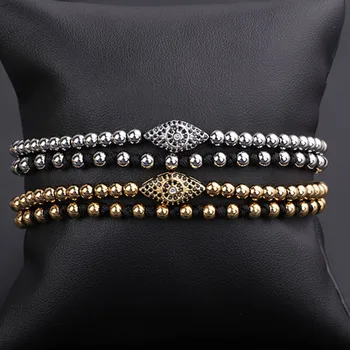 High Quality New Fashion Stainless Steel Beads CZ Pave Cute Eye Charm Braided Beaded Macrame Bracelet Women Men