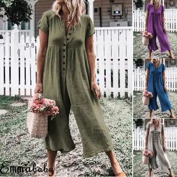 

Womens Short Sleeve Playsuit Ladies Party Summer Romper Loose Wide Leg Jumpsuit