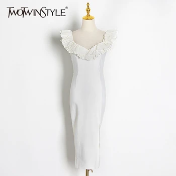 

TWOTWINSTYLE Vintage Women Dress Square Collar Sleeveless Spaghetti Strap High Waist Side Split Midi Dresses For Female Fashion