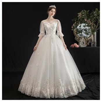 

Half Sleeve Simple Wedding Dress For Women Classic O Neck Lace Flower Illusion Plus Size Lace Up Bride Gown Robe De Mariee