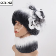Good Elastic Ladies Real Rex Rabbit Fur Scarf Hat Set Winter Women Warm Natural Rex Rabbit Fur Muffle Cap Real Fur Scarves Hats