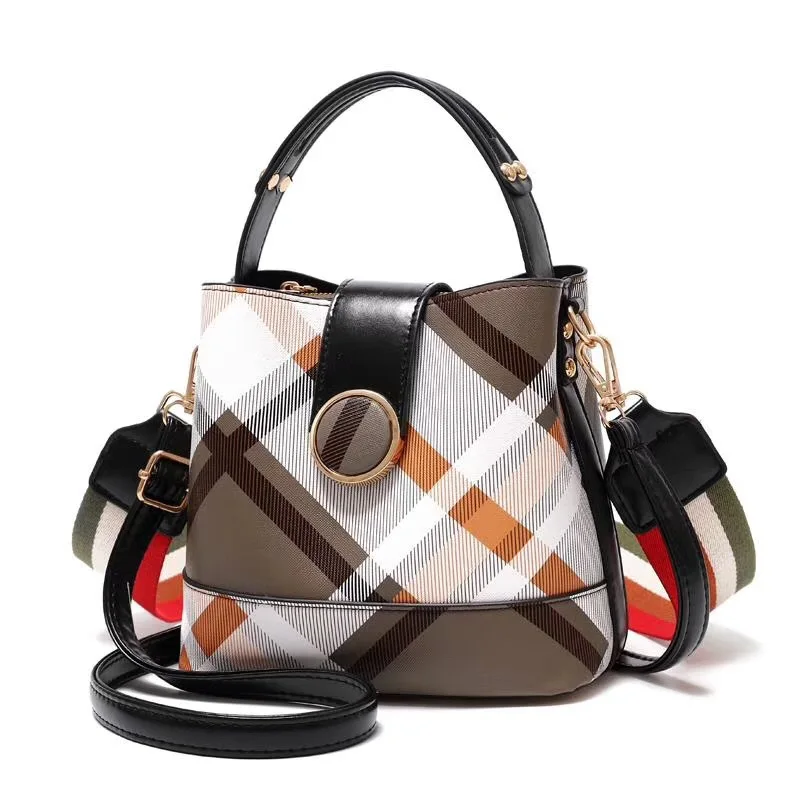 

Fashion PU Bucket Bag Luxury Leather Senior Shoulder Bag for Women Classic Plaid Brand Handbag of The Portable Messenger Bag