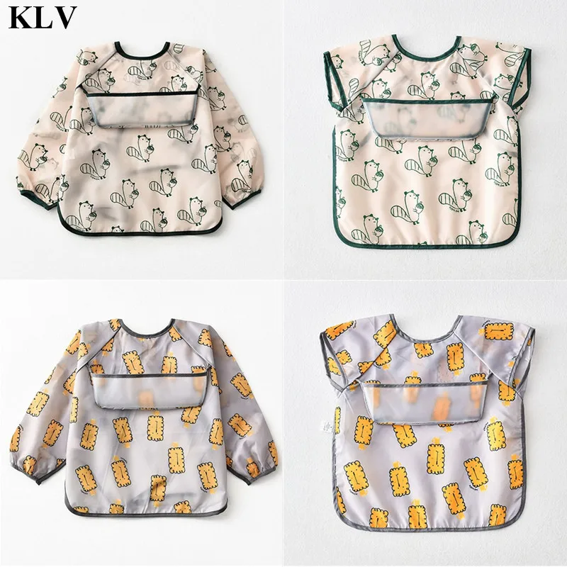 KLV 3 шт./компл. для кормления Bib Водонепроницаемый для малышей с длинным рукавом, свободное полиэстеровой тафты детская вечерняя одежда с карманами