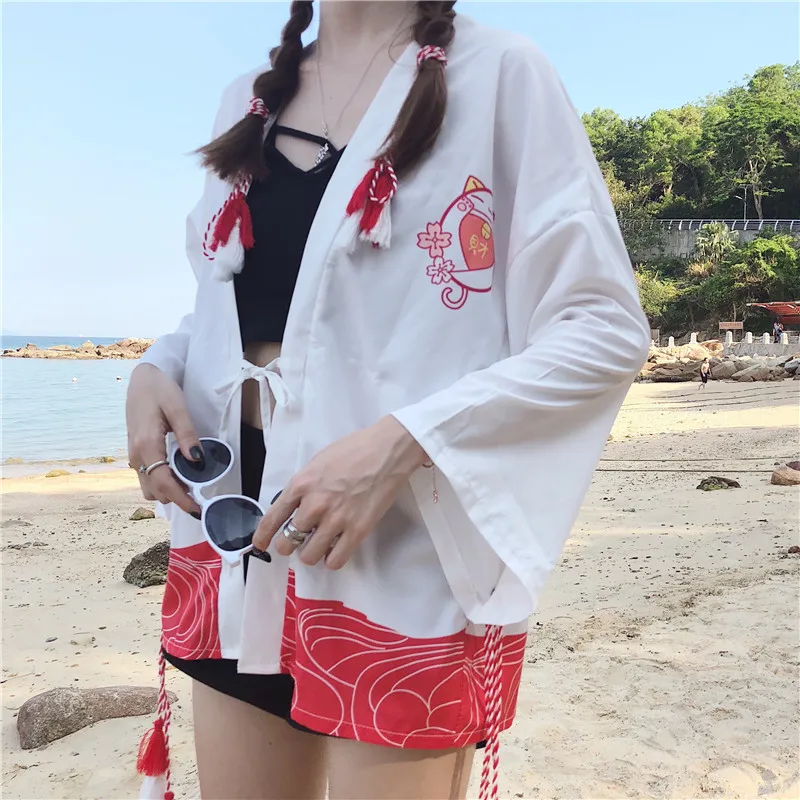 Кимоно кардиган для женщин Harajuku летние пляжные повседневные топы японский Lucky Cat рубашка с принтом юката для женщин азиатское кимоно Косплей Костюм - Цвет: Белый