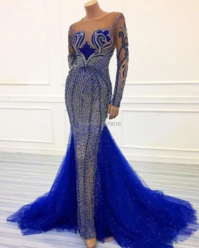 

Haute Couture Scoop Mermaid Evening Dress Long Sleeves Beaded Sequins Floor-Length Prom Dress Middle East Saudi Arabia Formal