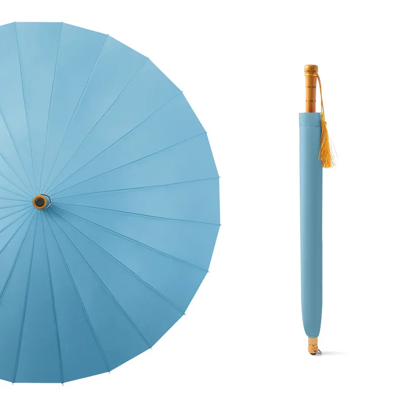 Женский Зонт от дождя с деревянной ручкой 24K с длинной ручкой, Одноцветный зонт для рукоделия, ветронепроницаемый зонт, Рождественский подарок - Цвет: sky blue