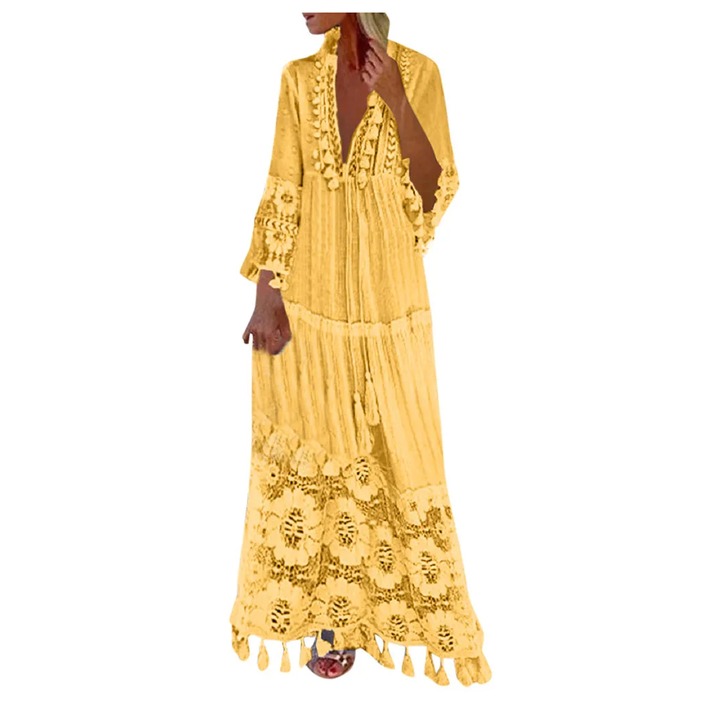 Tops 2021 New Summer Fashion Casual Bohemian Dress Large Size V-Neck Solid Color Lace Femme Robe Tassel Long Ladies Dresses wedding dresses