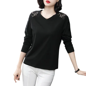 

Autumn Loose T Shirt Women New t-shirts women 2019 Vintage Embroidery Lace tshirts cotton women V Neck Long Sleeve