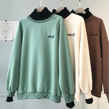 

Women's Autumn and Winter New Plus Velvet Double Collar Sweatshirt Stitching Letter Embroidered Loose Student Sweatshirt Women