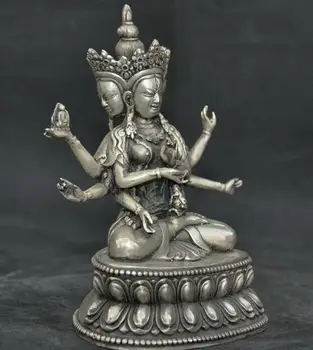 

old Tibet Buddhism Tibetan silver 3 Head 8 Arms tara Kwan-Yin Bodhisattva statue