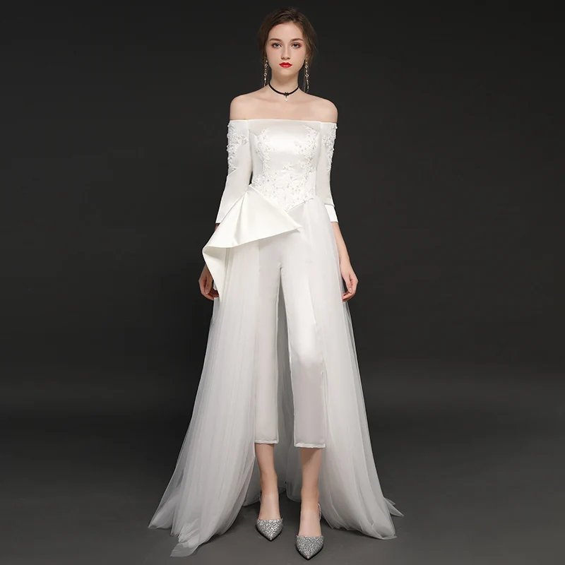 

Ensotek White Wedding Jumpsuits 2020 Three Quarter Sleeves New Tulle Satin Wedding Dresses Off the Shoulder Vestidos de Festa